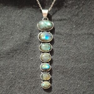 Silver Plated Grey Labradorite Gemstone Long 7 Stone Pendant Statement Necklace